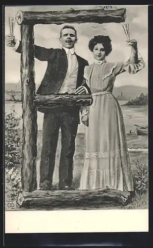 Künstler-AK Mann im Anzug und Dame im Kleid mit Sektgläsern und Buchstabe E aus Baumstämmen