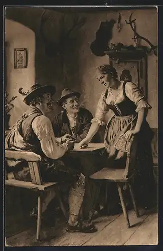 AK Dame bedient zwei Herren im Gasthaus