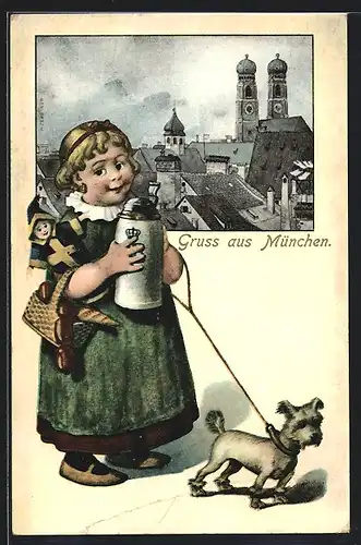 AK München, Mönchlein mit Kindl-Puppe und Hund, Teilansicht