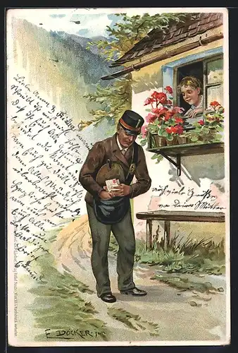 Künstler-AK E. Döcker: Briefträger steht bei der Frau im Fenster und holt Briefe aus der Tasche