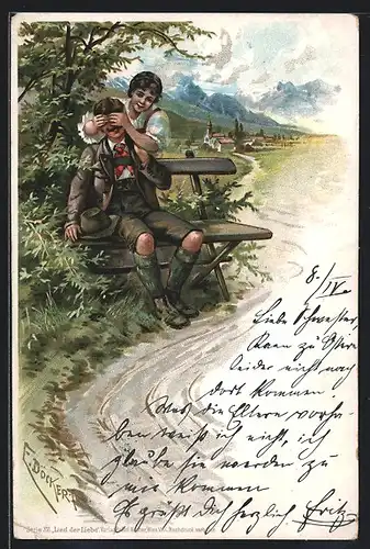 Künstler-AK E. Döcker: Dame überrascht Mann auf Parkbank