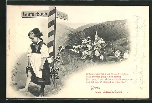 AK Lauterbach, Ortsansicht und Mädchen am Wegweiser