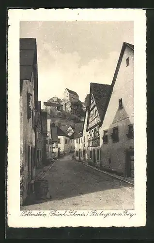 AK Pottenstein / Fränk. Schweiz, Strassenblick Fischergasse zur Burg