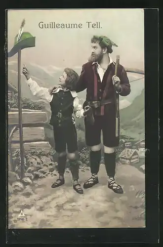 AK Guillaume Tell, Wilhelm Tell, Junge zeigt auf Jägermütze