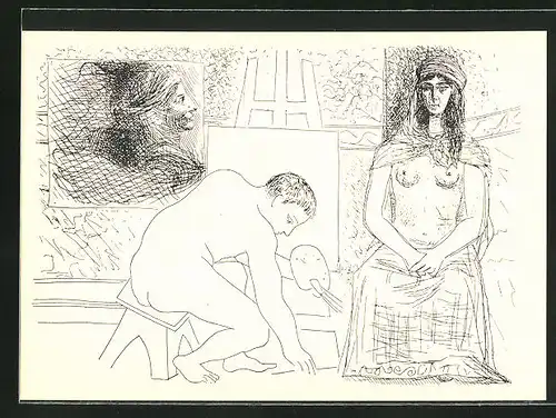 Künstler-AK unsign. Picasso: Frau sitzt einem Maler Modell