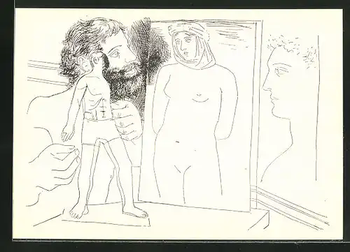 Künstler-AK unsign. Picasso: Künstler mit Gemälde und Plastik
