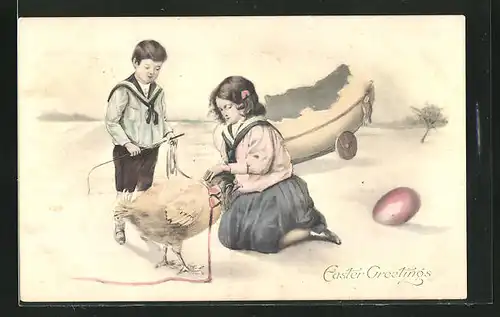 AK Kinder spielen mit dem grossen Osterküken, Easter Greetings!