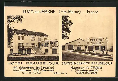 AK Luzy-sur-Marne, Hotel Beauséjour, Station-Service Beauséjour