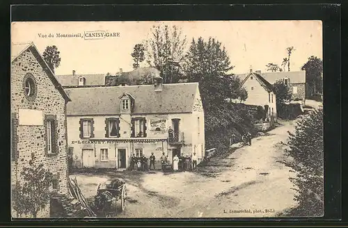 AK Canisy-Gare, Strassenpartie am Cafe-Restaurant Lecanuet