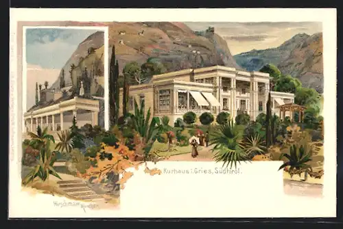 Künstler-Lithographie sign. Hirschmann: Gries, Ansichten des Kurhauses