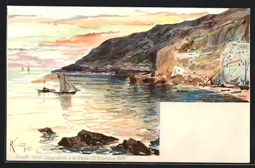 Künstler-AK Amalfi, Hotel Cappuccini e la frana 1899