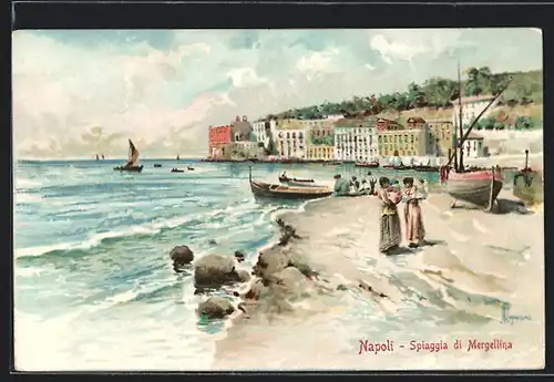 Lithographie Neapel, Sommer am Mergellina-Strand