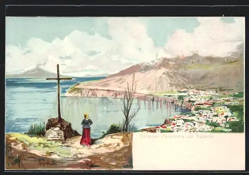 Künstler-AK Sorrento, Frau am Gedenkstein mit Blick vom Panorama dal Deserto