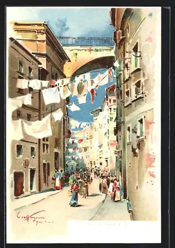 Künstler-AK Genova, Via Madre di Dio, Strassenleben