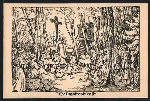 Künstler-AK Waldgottesdienst, Pfarrer und Gesellschaft im Wald, Kinderfürsorge