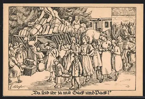 Künstler-AK Da seid ihr ja mit Sack und Pack, Kinderfürsorge