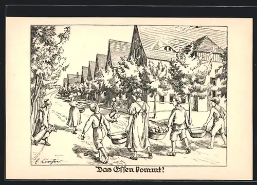 Künstler-AK Das Essen kommt, Kinder bringen Essen Heim