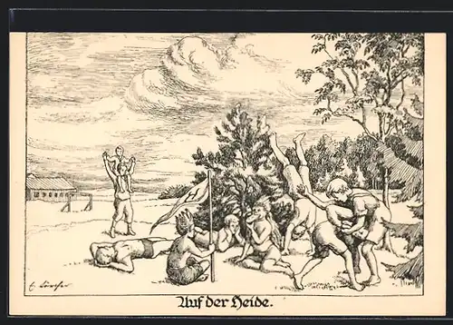 Künstler-AK Auf der Heide, Kinder beim Spielen, Kinderfürsorge
