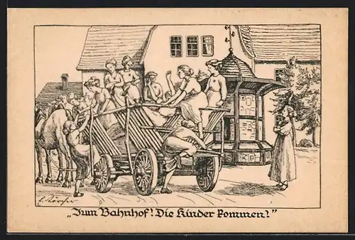 Künstler-AK Zum Bahnhof, Mütter fahren zum Bahnhof