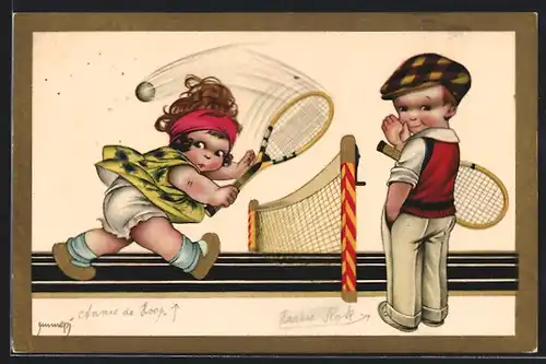AK Junge und Mädchen beim Tennis