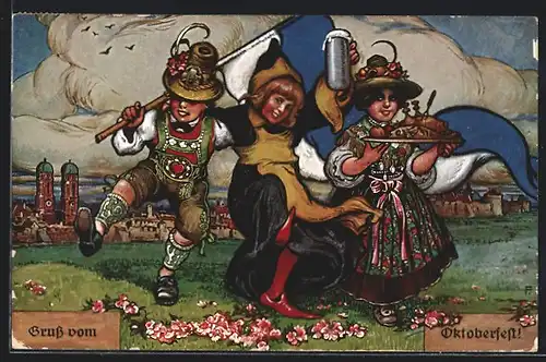 AK München, das Münchner Kindl mit zwei Kindern vor der Stadt, Bierkrug