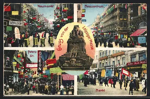 AK Leipzig, Neumarkt und Messzentrum zur Zeit der Leipziger Messe, Völkerschlachtdenkmal