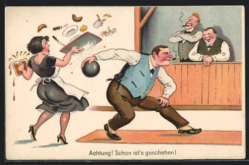 Künstler-AK Kegler trifft Kellnerin mit Kugel