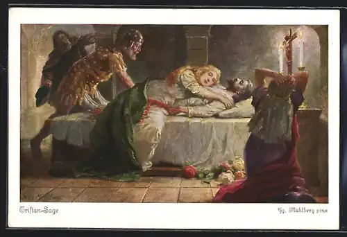 Künstler-AK Georg Mühlberg: Tristan-Sage, Isolde stirbt an der Bahre Tristans