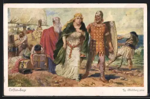 Künstler-AK Georg Mühlberg: Tristan-Sage, Kurwenal begleitet Hodle zum todkranken Tristan