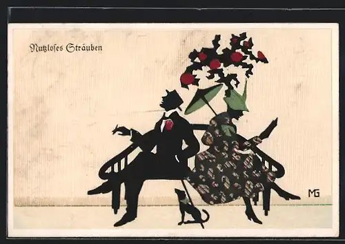 Künstler-AK Marte Graf: Nutzloses Sträuben, Ein Paar auf einer Bank