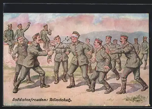 Künstler-AK Ad.Hoffmann: Soldaten spielen Blinde Kuh