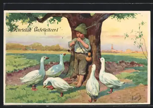 Künstler-AK Karl Feiertag: Wie lieblich schallt durch Busch und Wald..., kleiner Gänsehirte