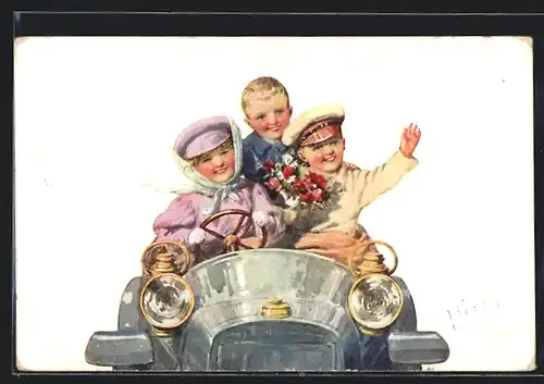Künstler-AK Karl Feiertag: Kinder mit Rosenstrauss fahren Auto