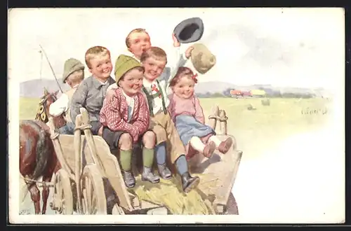 Künstler-AK Karl Feiertag: Kindergruppe auf Heuwagen