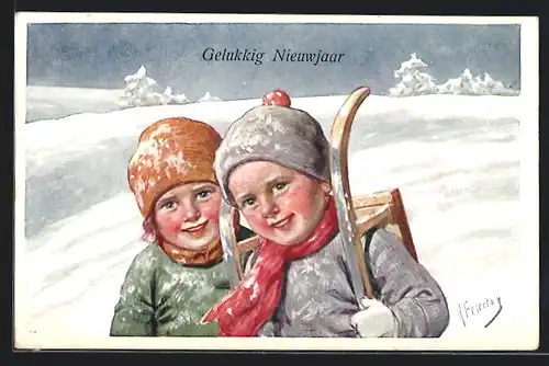 Künstler-AK Karl Feiertag: Kleines Pärchen mit Schlitten