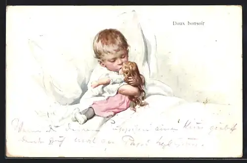Künstler-AK Karl Feiertag: Doux bonsoir, Kind mit Puppe im Arm