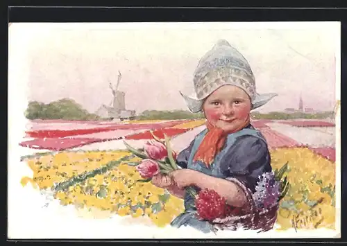 Künstler-AK Karl Feiertag: Kind mit Blumen auf einem Feld