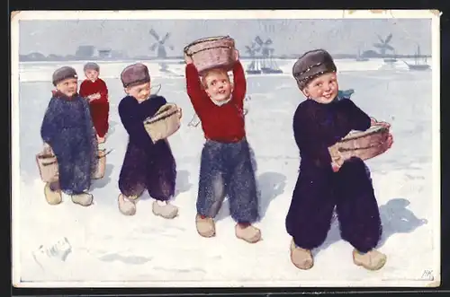 Künstler-AK Karl Feiertag: Kinder mit Wassereimern im Schnee