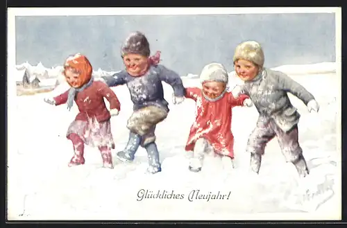 Künstler-AK Karl Feiertag: Kinder spielen im Schnee zu Neujahr