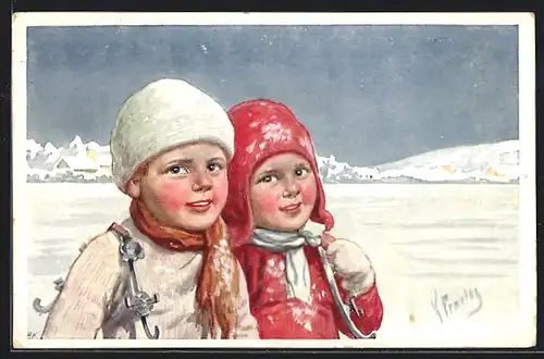 Künstler-AK Karl Feiertag: Zwei Kinder im Schnee