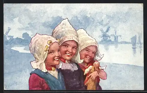 Künstler-AK Karl Feiertag: drei lächelnde Mädchen mit Hauben