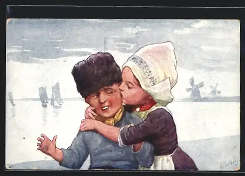 Künstler-AK Karl Feiertag: Kleines Pärchen küsst sich am Wasser