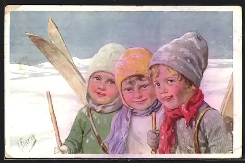 Künstler-AK Karl Feiertag: drei Kinder mit Skiern, Neujahr