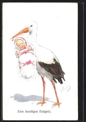 Künstler-AK Karl Feiertag: Storch bringt Baby