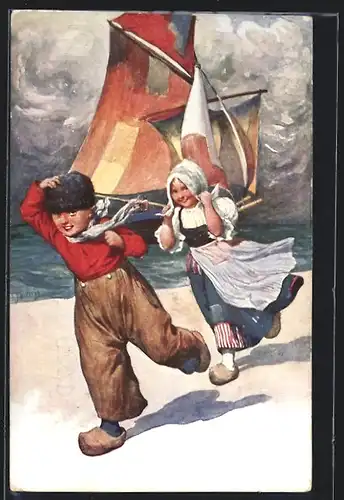 Künstler-AK Karl Feiertag: Kleines Pärchen am Strand bei Sturm