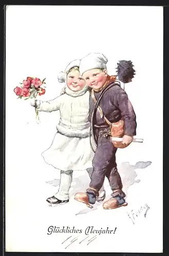 Künstler-AK Karl Feiertag: Kleines Pärchen mit Blumenstrauss