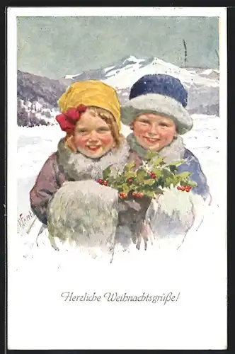Künstler-AK Karl Feiertag: zwei Mädchen mit Stechpalmenzweigen, Weihnachten