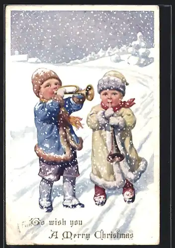 Künstler-AK Karl Feiertag: Kinder spielen Trompete im Schnee