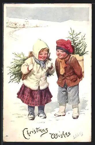 Künstler-AK Karl Feiertag: Kinder mit Tannenzweigen in ihren Holzkiepen