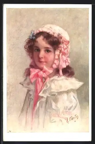 Künstler-AK Karl Feiertag: Süsses Mädchen mit rosa Haube